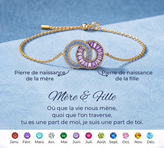 Bracelet Duo Pierres de Naissance doré : deux anneaux entrelacés sertis des pierres de la mère et de la fille