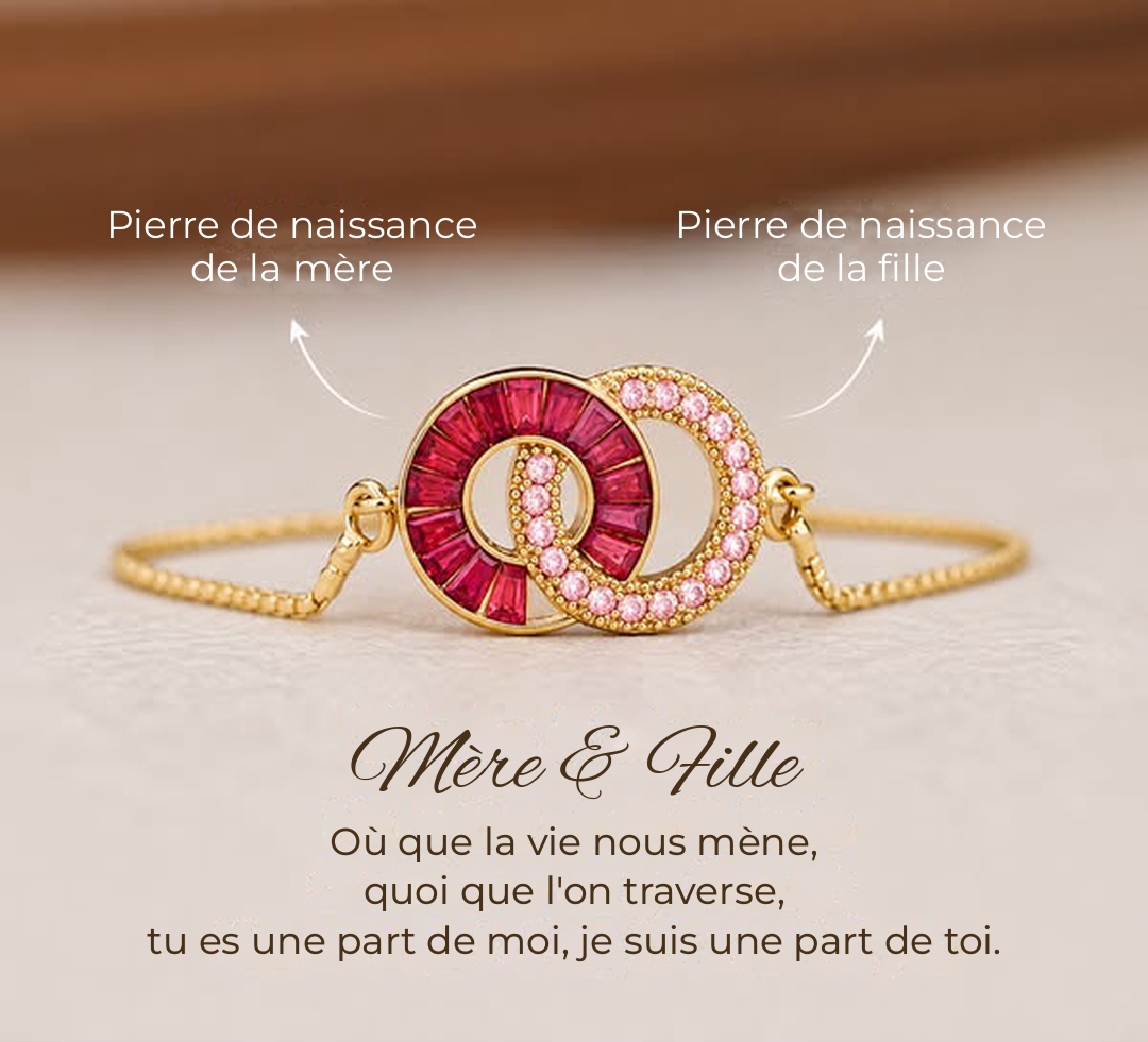 Bracelet Duo doré Mère & Fille, pierres de naissance rouges et roses