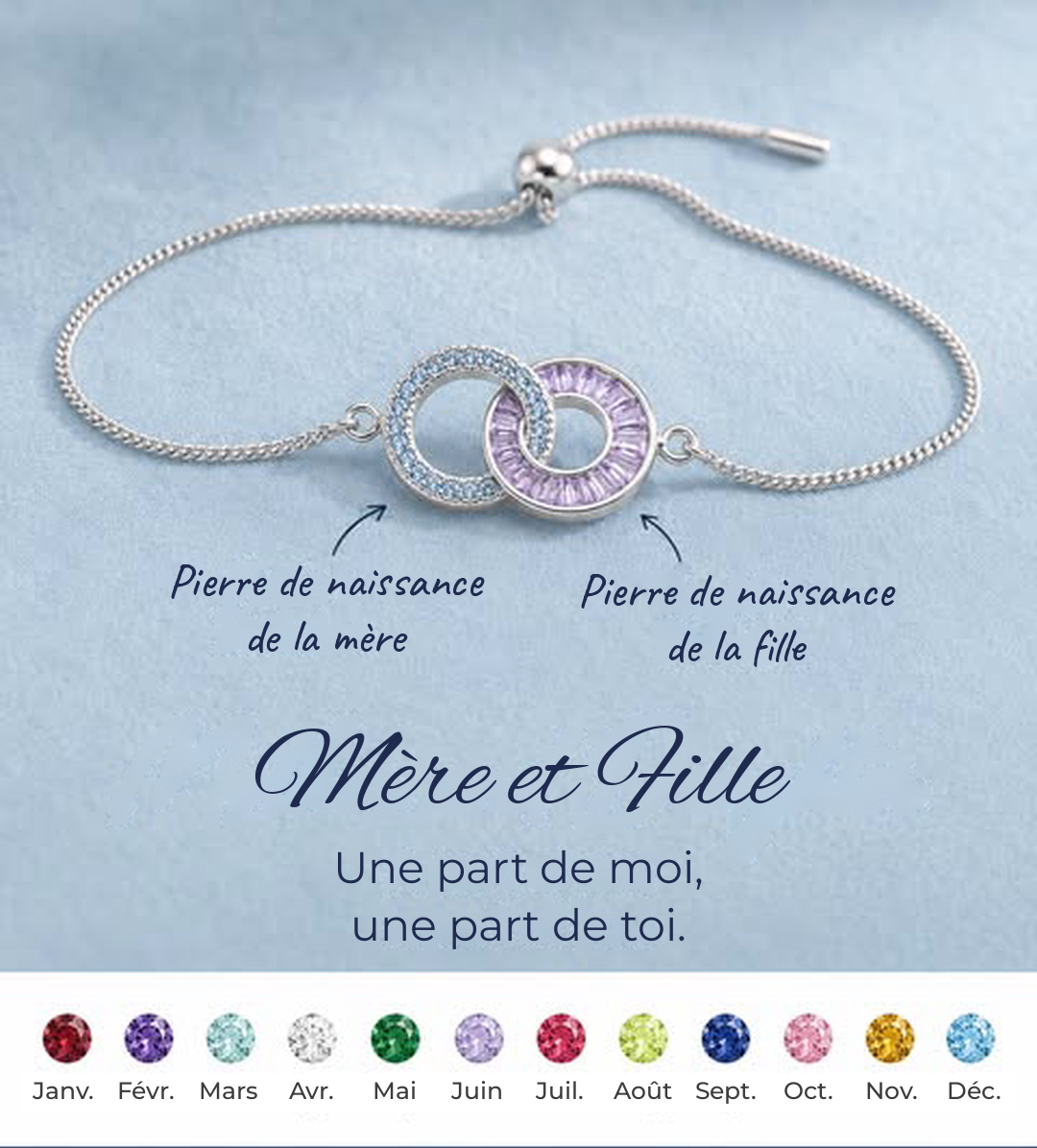 Bracelet Duo Pierres de Naissance finition argent, anneaux entrelacés