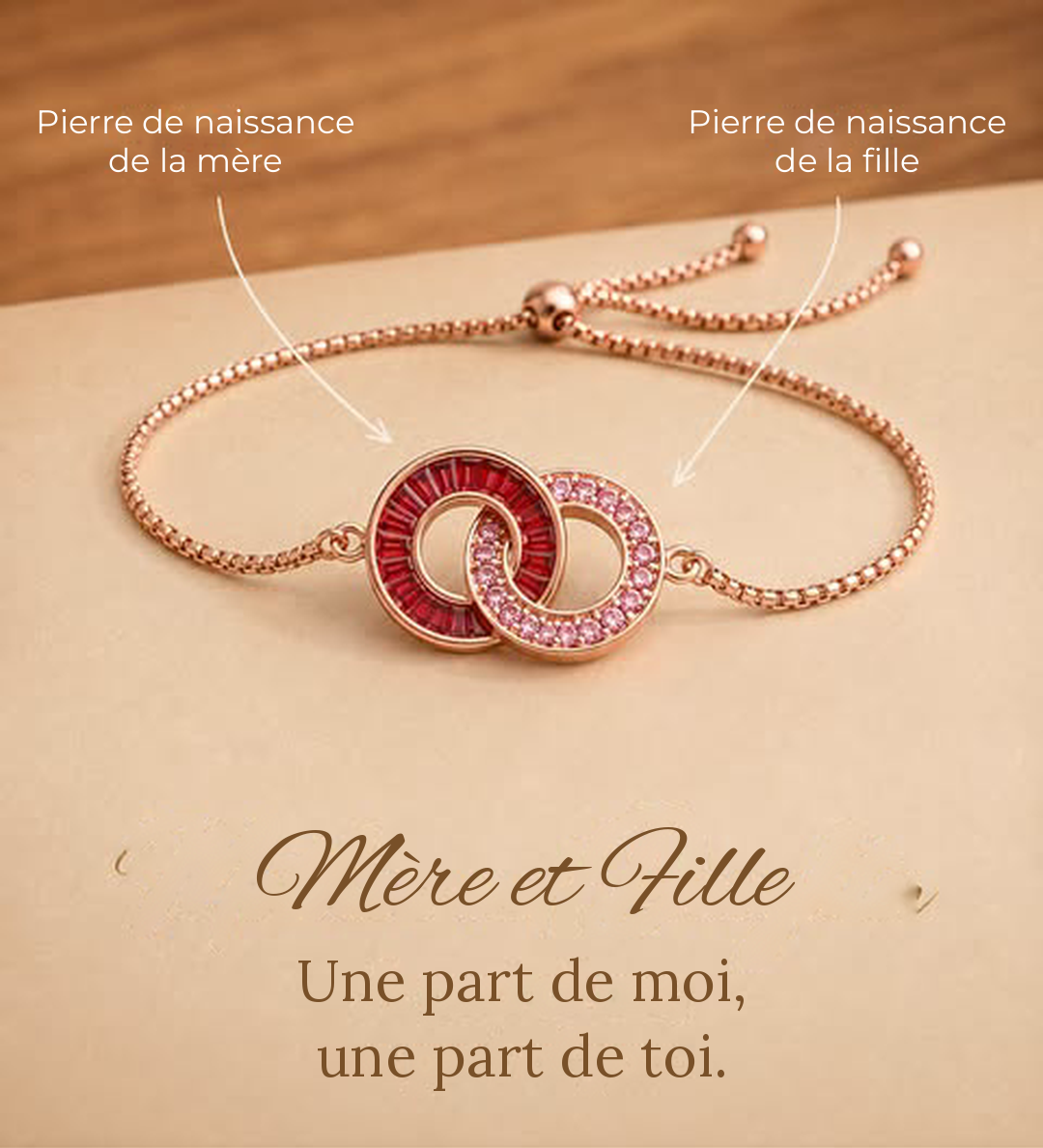 Bracelet Duo Mère & Fille finition rosée, pierres rouges et roses entrelacées