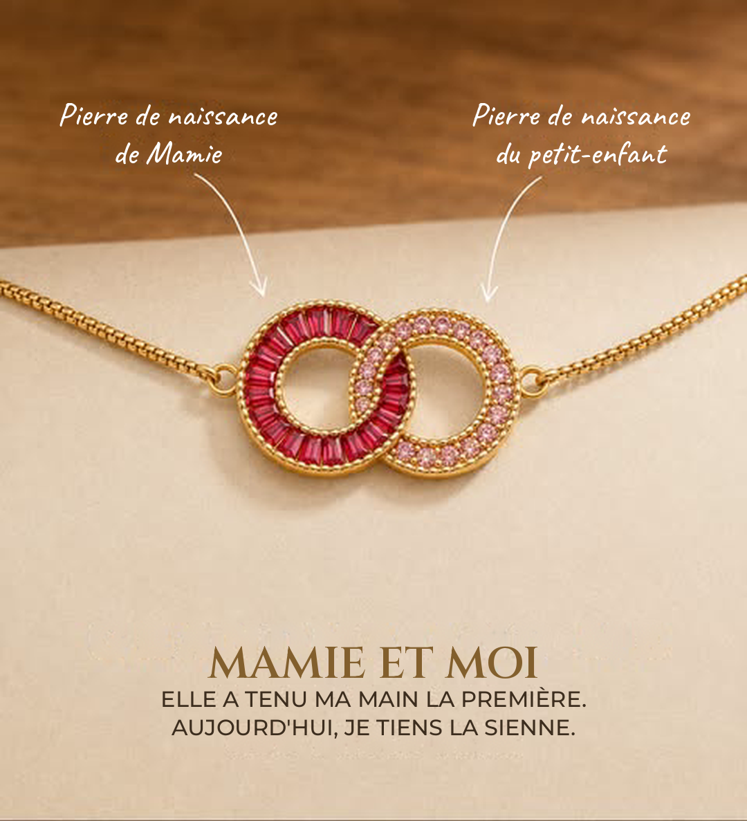 Bracelet Duo doré Mamie & petit-enfant : deux anneaux entrelacés de pierres rouges et roses