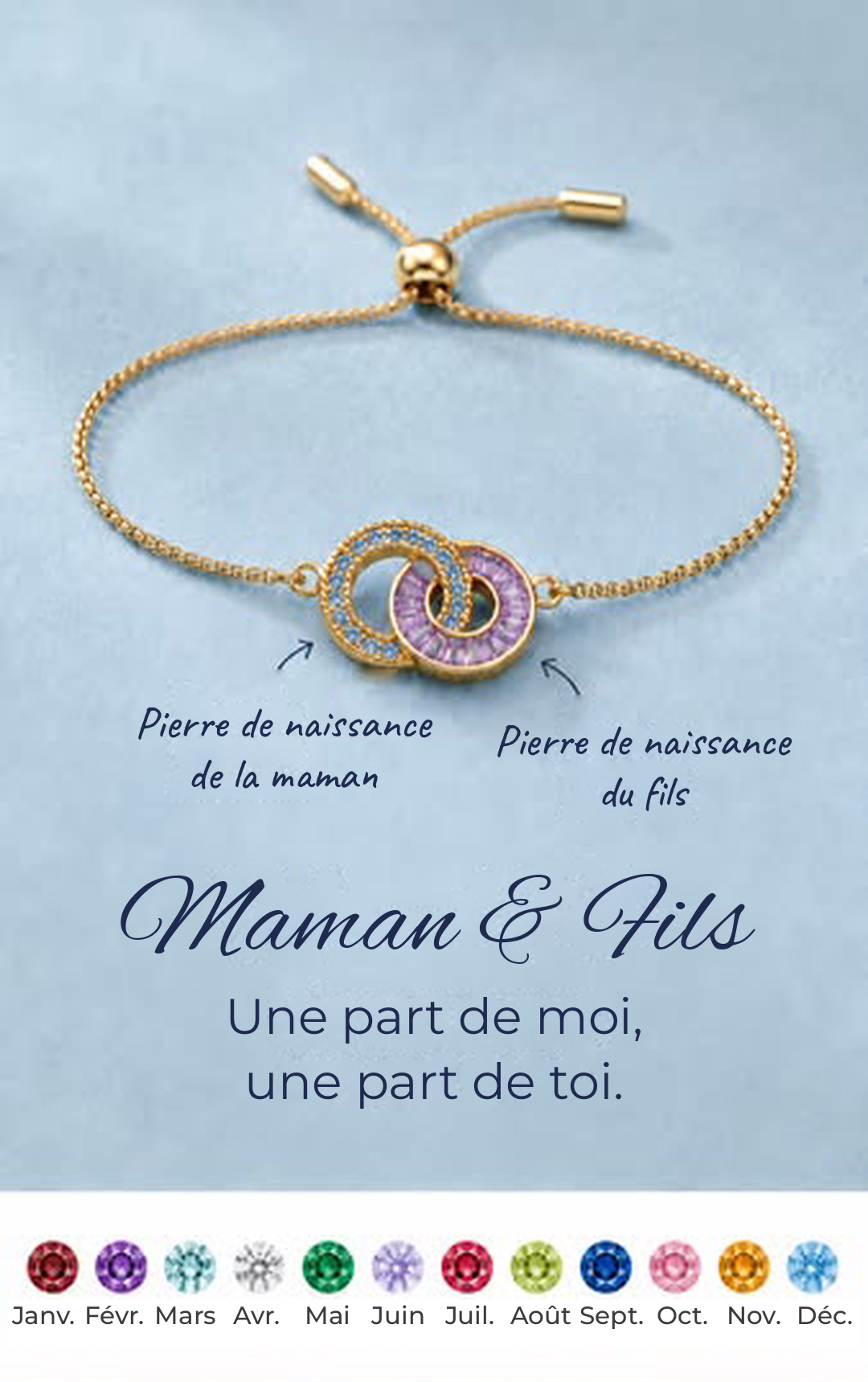 Bracelet Duo doré Maman & Fils : pierre de naissance de la maman et du fils